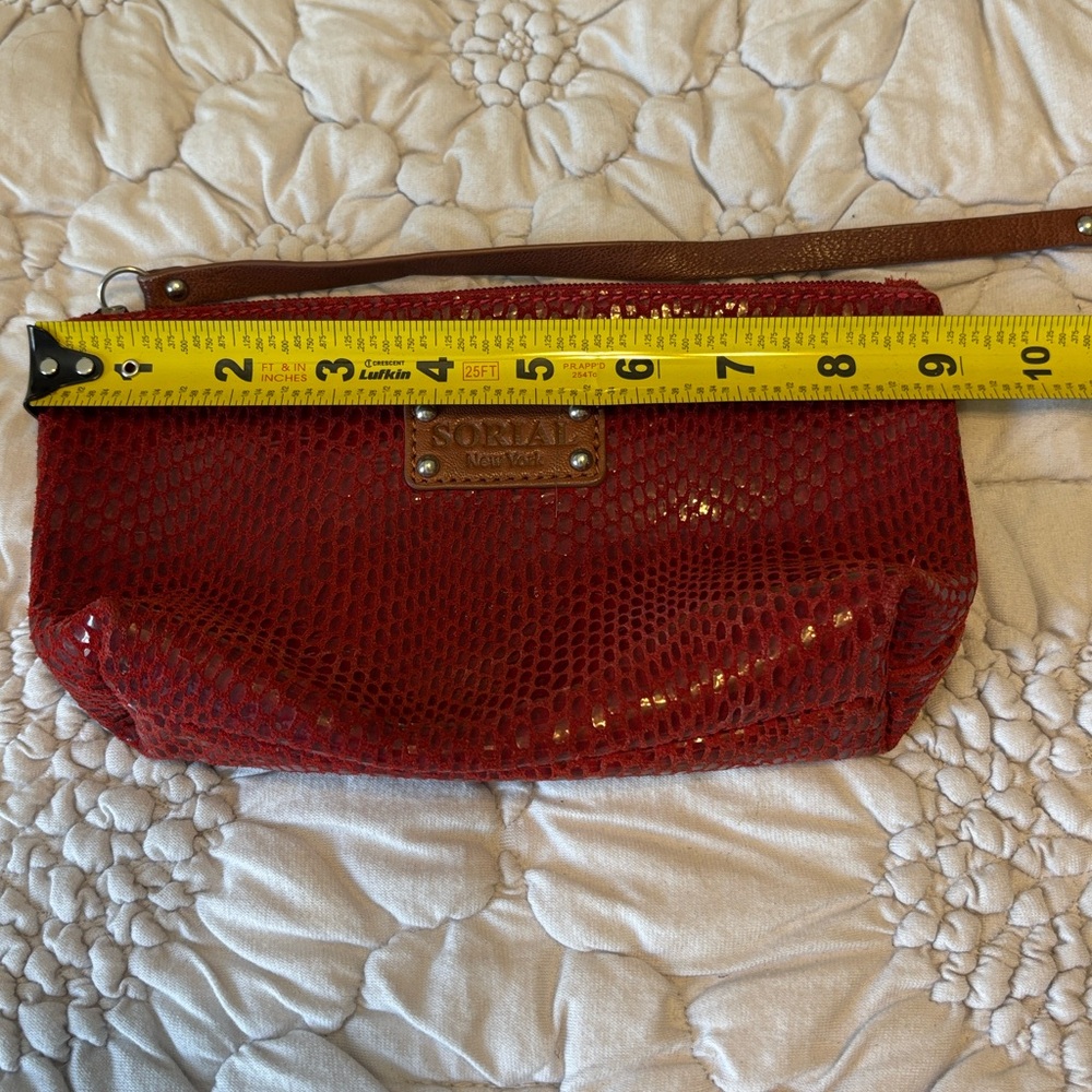 Sorial Red Textured Wristlet Pouch with Brown Strap - Picture 9 of 12
